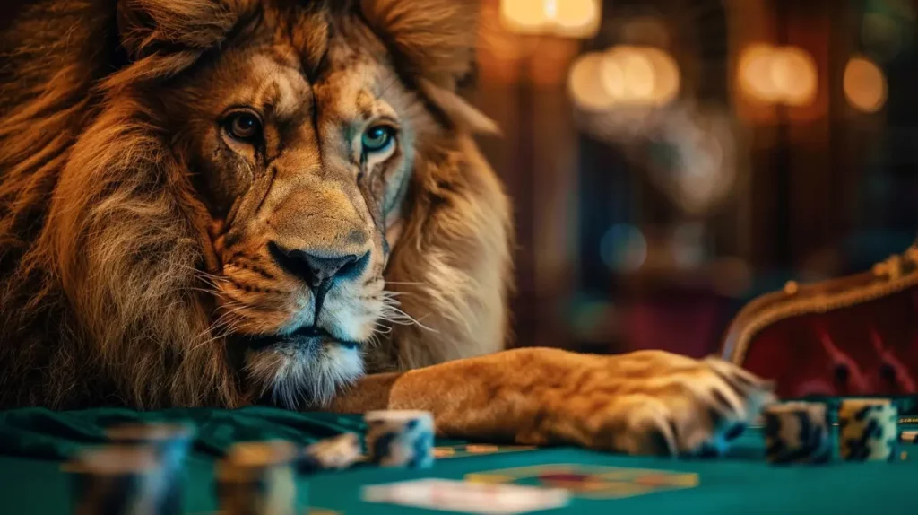 lion playing poker style