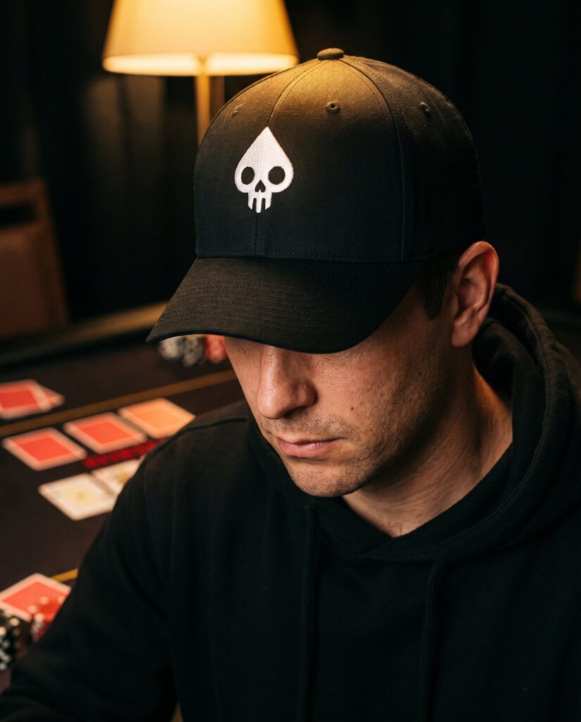 Homme en casquette brodée du crâne SmartPokerPro, visière baissée, à une table de poker